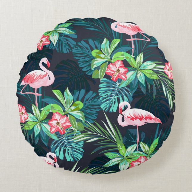 Tropical summer seamless pattern with flamingo bir rond kussen (Voorkant)