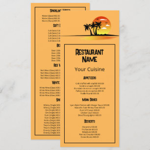 Tropical Sunrise, Restaurant Slimline Menu