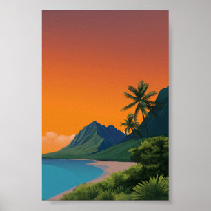 Tropical Sunset Beach - Berg en Palm Art Poster