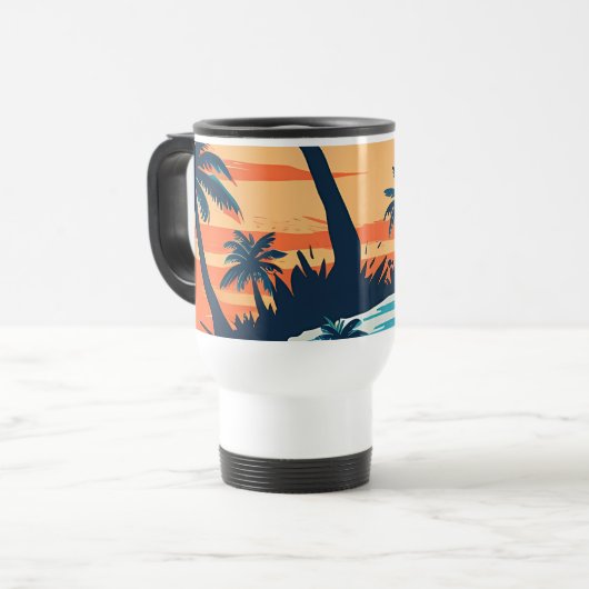 Tropical Sunset Beach Coffee Mug – Relaxing Palm Reisbeker (Voorkant links)