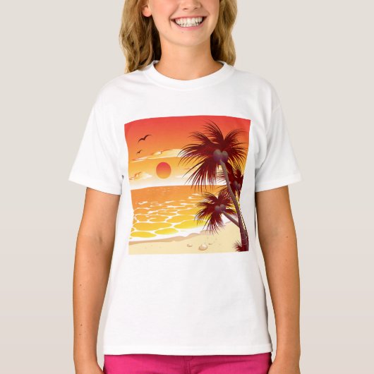 Tropical Sunset Beach Palm Tree Island T-shirt (Voorkant)