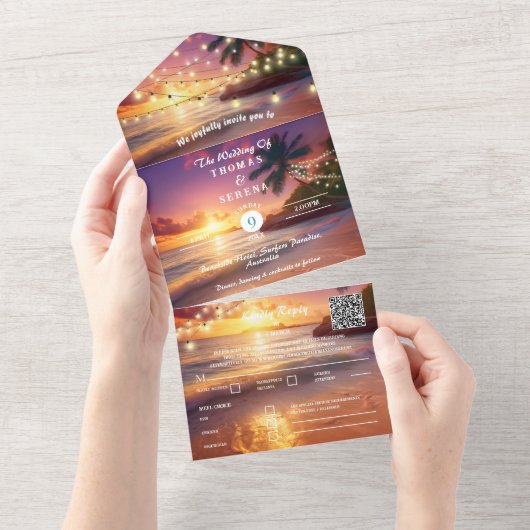 Tropical Sunset Beach QR-code Oceaan All In One Uitnodiging (Afscheurbaar)