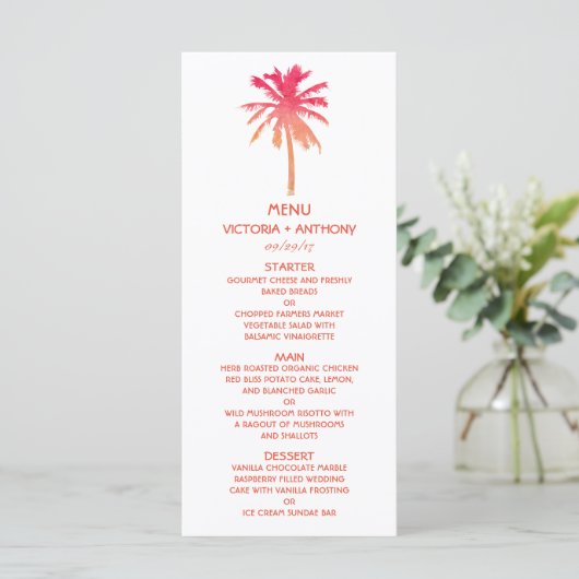 Tropical Sunset Palm Tree Beach Wedding Menu (Debout devant)