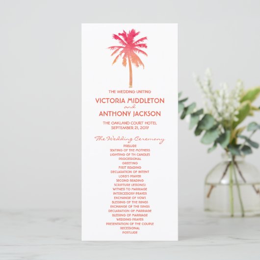 Tropical Sunset Palm Tree Beach Wedding Programme (Debout devant)