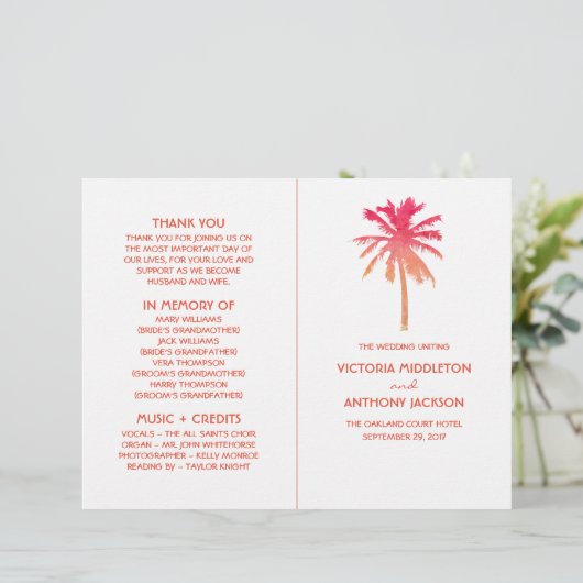 Tropical Sunset Palm Tree Beach Wedding Programme (Debout devant)