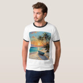 Tropical Sunset Rowboat Beach Schilderij Tshirt (Voorkant volledig)