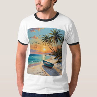 Tropical Sunset Rowboat Beach Schilderij Tshirt