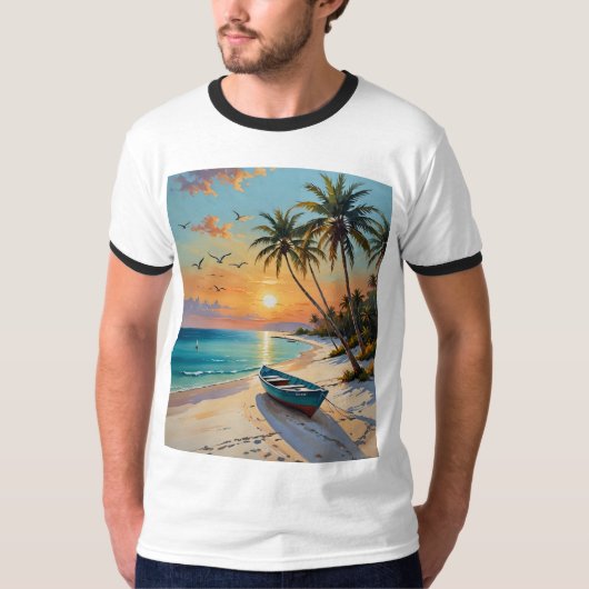 Tropical Sunset Rowboat Beach Schilderij Tshirt (Voorkant)