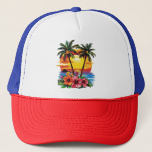 Tropical Sunset Trucker Hat – Palmbomen & Hibiscu Pet