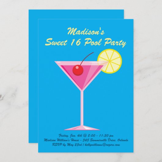 Tropical Sweet 16 Pool Party Invitation (Devant / Derrière)