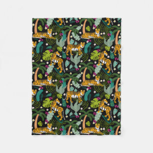 Tropical Tiger Black Botanical Oerwoud Safari Cats Fleece Deken