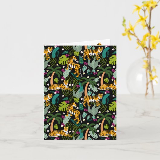Tropical Tiger Black Botanical Oerwoud Safari Cats Kaart (Gele Bloem)