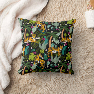 Tropical Tiger Black Botanical Oerwoud Safari Cats Kussen
