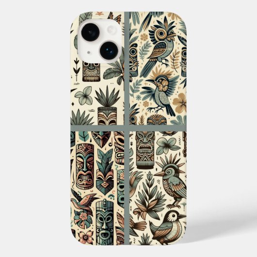 Tropical Tiki Masks en Birds Grey Green Case-Mate iPhone Case (Achterkant)