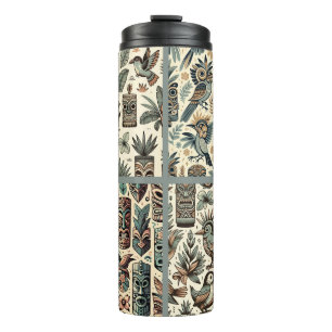 Tropical Tiki Masks en Birds Grey Green Thermosbeker