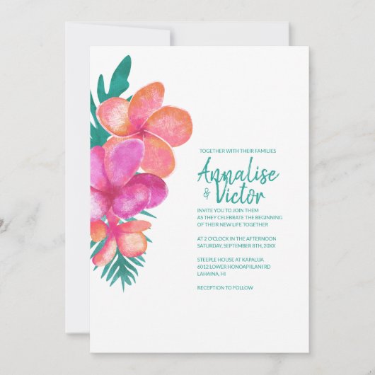 Tropical Turquoise Coral rose Faire-part de mariag (Devant)