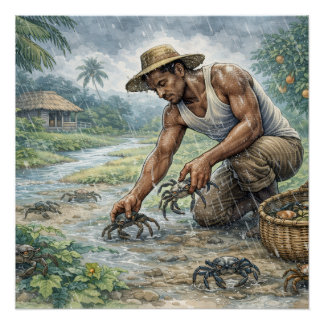 Tropical Village Life: Man Catching Crabs in Rain Perfect Poster