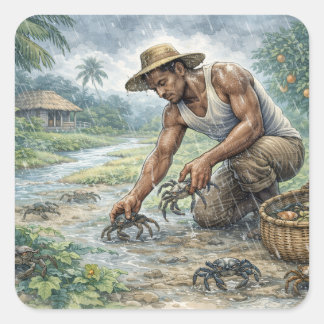Tropical Village Life: Man Catching Crabs in Rain Vierkante Sticker