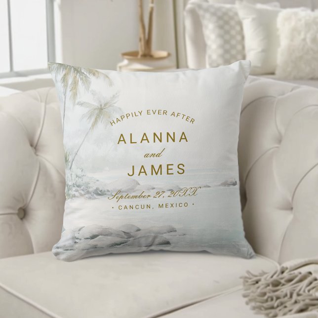 Tropical Watercolor Beach Wedding Keepsake Pillow  Kussen (Personalized beach wedding pillow with “Alanna and James” text on a cream tufted couch.)