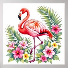 Tropical Watercolor Pink Flamingo Floral Hawaiian Poster