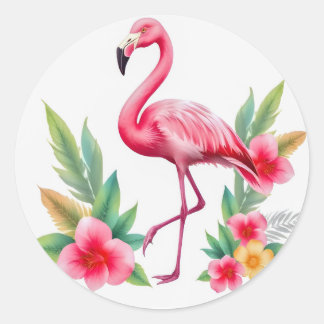 Tropical Watercolor Pink Flamingo Floral Hawaiian Ronde Sticker