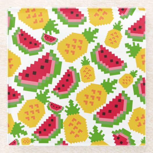 Tropical Watermelon and Pineapple Pixel Pattern Glazen Onderzetter (Voorkant)