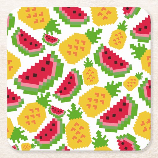 Tropical Watermelon and Pineapple Pixel Pattern Vierkante Kartonnen Onderzetter (Voorkant)