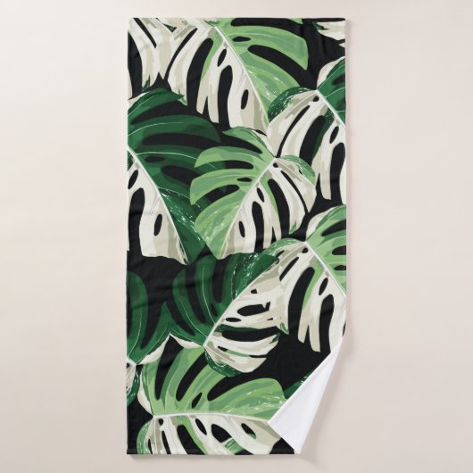 Tropical white green monstera leaf illustration. E (Serviette de bain)