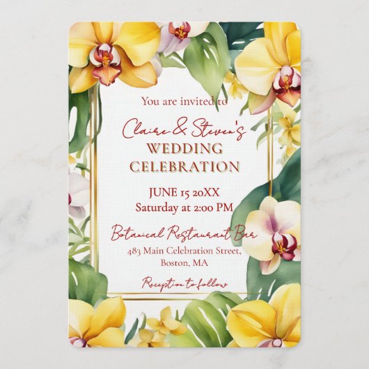Tropical Yellow Orchid and Greenery Gold Wedding Kaart (Voorkant)
