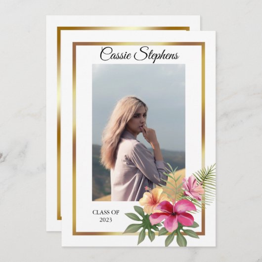 Tropisch 4 Foto Collage Gold Lijst Afstuderen Aankondiging (Voorkant / Achterkant)