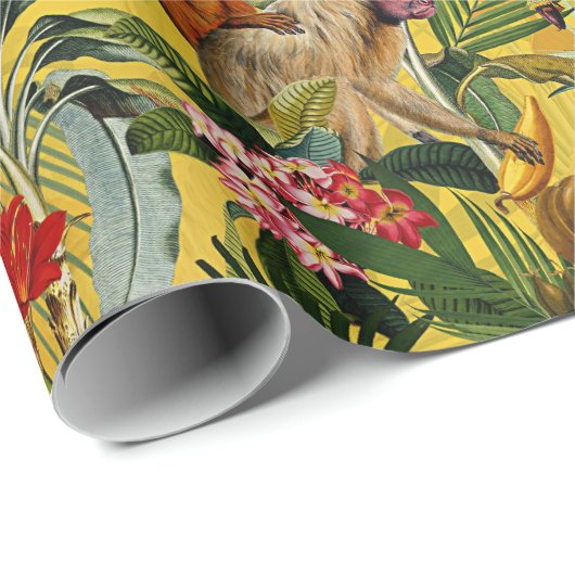 Tropisch  aap Oerwoud - geel patroon Cadeaupapier (Rol Hoek)