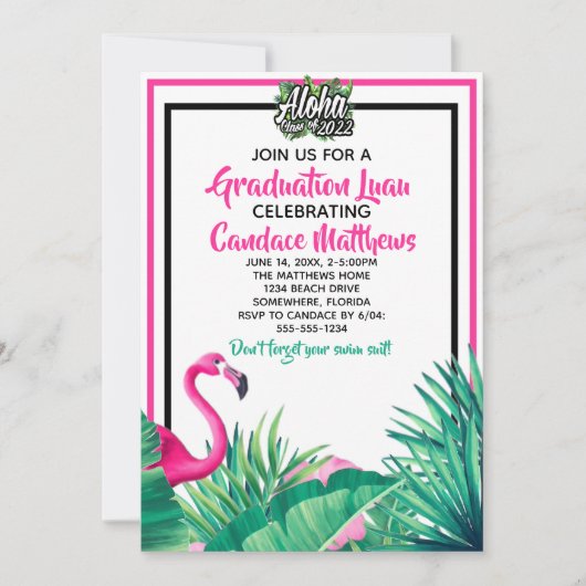 Tropisch Aloha Flamingo Afstuderen Luau 2022 Kaart (Voorkant)
