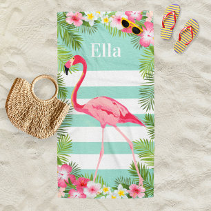 Tropisch Aqua Pink Flamingo Floral Aangepast monog Strandlaken