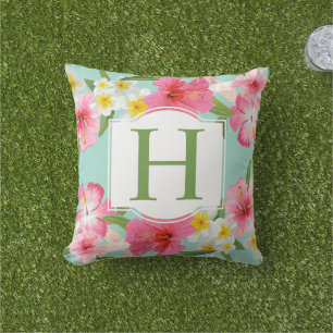 Tropisch Aqua Pink Flowers Pattern Custom Monogram Buitenkussen