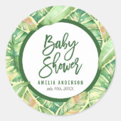 Tropisch Baby shower Groene Waterverf bladeren Ronde Sticker (Voorkant)