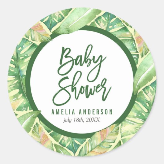 Tropisch Baby shower Groene Waterverf bladeren Ronde Sticker (Voorkant)