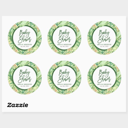 Tropisch Baby shower Groene Waterverf bladeren Ronde Sticker (Vel)
