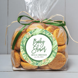 Tropisch Baby shower Groene Waterverf bladeren Ronde Sticker