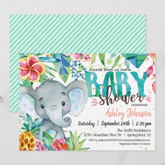Tropisch Baby shower, olifant Kaart (Voorkant / Achterkant)