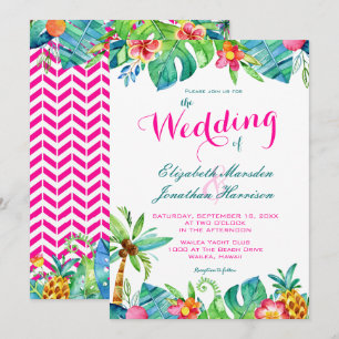 Tropisch berry roze Blauwgroen Floral Chevron Wedd Kaart