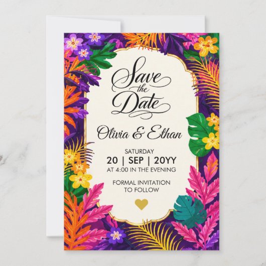 Tropisch Blad Bloem Ontwerp Save The Date (Voorkant)