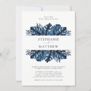 Tropisch blad Botanisch Goud Marine Blauw Huwelijk Kaart