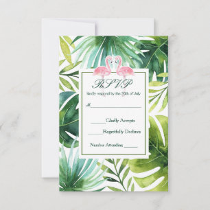 Tropisch blad & flamingo's zomer bruiloft RSVP Kaartje