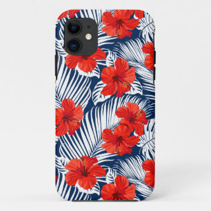Tropisch blad met rode bloem Hibiscus iPhone 11 Hoesje