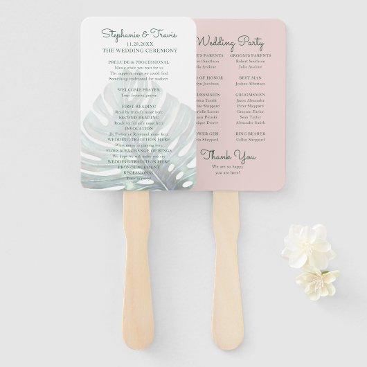 Tropisch blad Monstera Palm Roze Bruiloft Programm Handwaaier (Voorkant en achterkant)