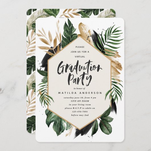 Tropisch blad virtuele afstuderen-uitnodiging (Voorkant / Achterkant)