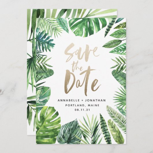 Tropisch bladbladerblad en goudschrift save the date (Voorkant / Achterkant)