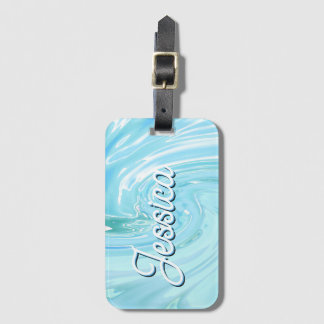 Tropisch Blauw Abstract Acryl Giet Water Monogram Bagagelabel