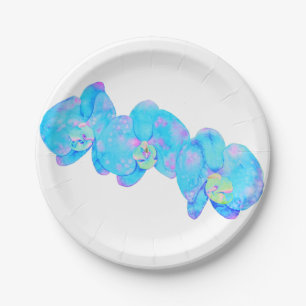 Tropisch blauw Blauwgroen waterverf orchidee schil Papieren Bordje
