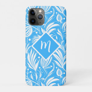 Tropisch Blauw Bloempatroon Diamant Monogram iPhone 11 Pro Hoesje